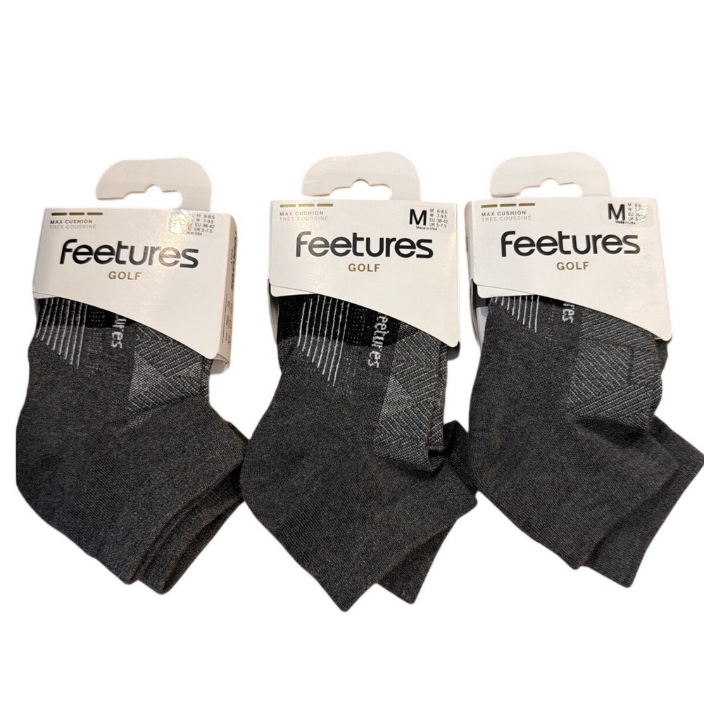 3 pairs Feetures Men's Elite Max Cushion Low Cut Golf Socks Gray Medium NWT